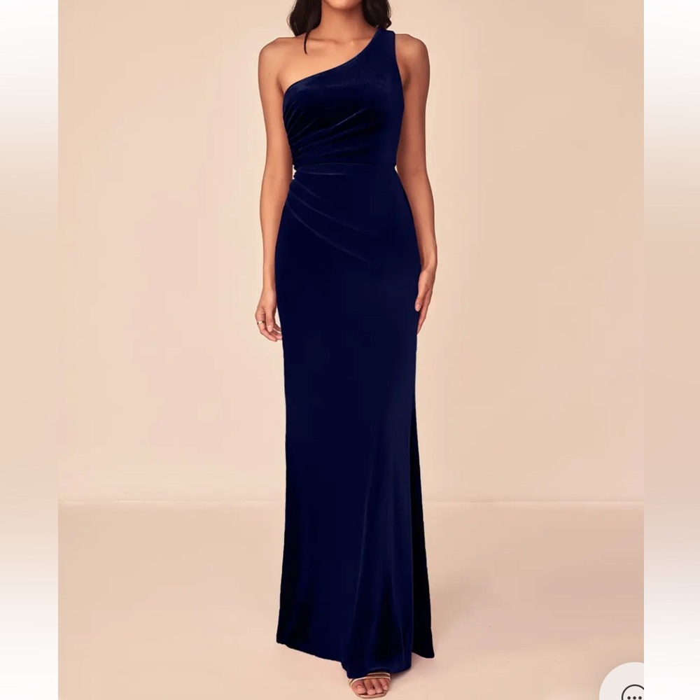 Azazie Argan Dark Navy One-Shoulder Gown Velvet Stretch